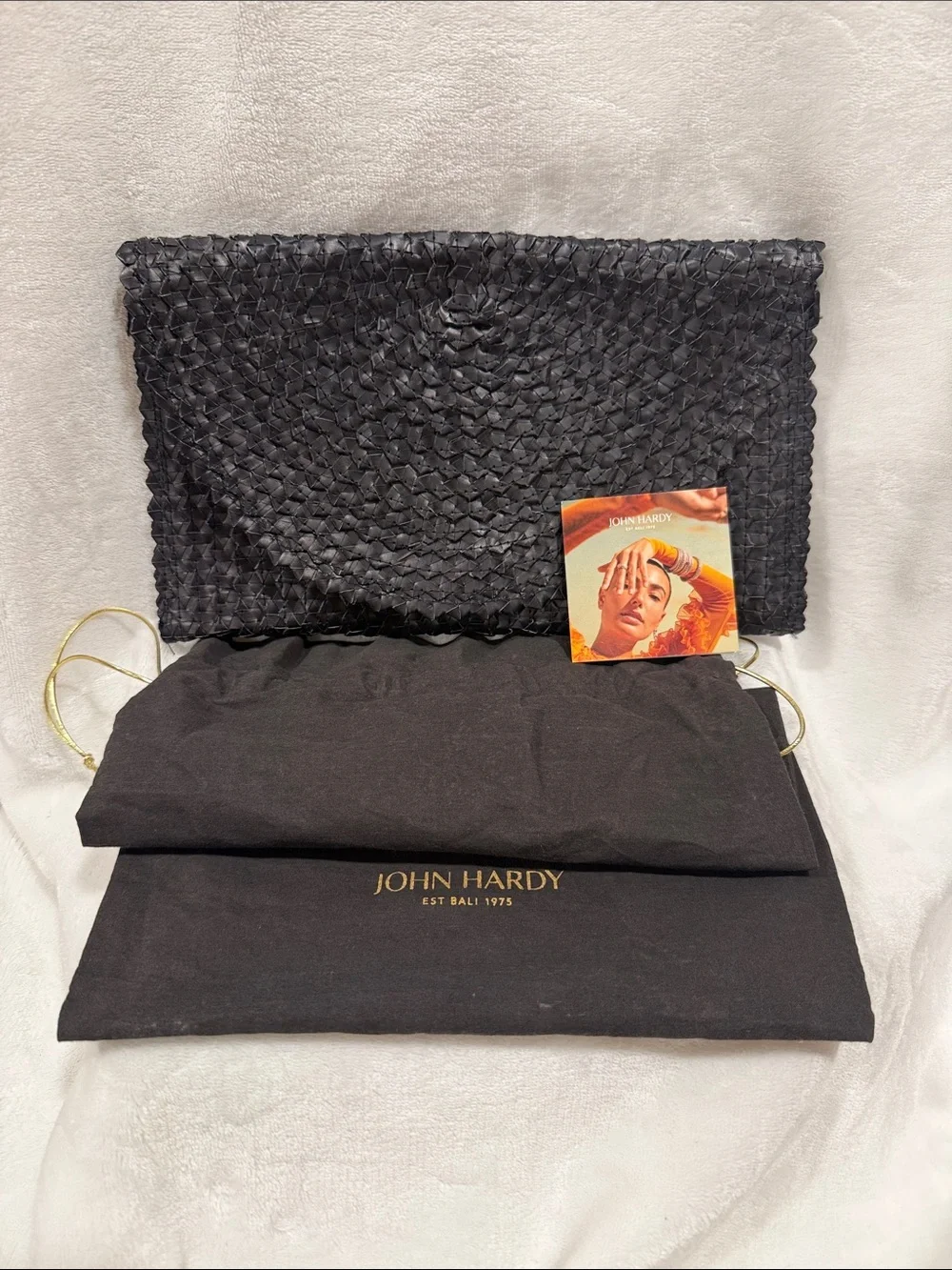 John Hardy Black Woven Clutch with Gold-Tone Drawstring dust bag. NWOT